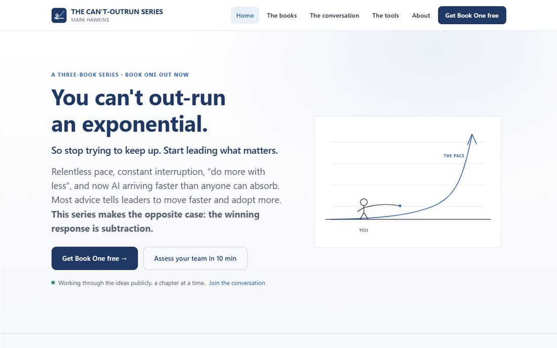 The Can't-Outrun Series homepage: a light, editorial layout with the headline You can't out-run an exponential beside a line drawing of a steep curve racing away from a calm figure.