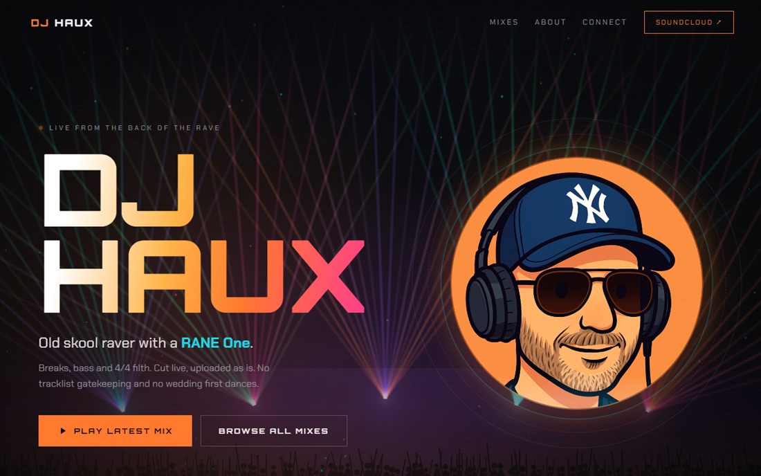 The DJ Haux homepage: a dark, laser-lit hero with huge DJ HAUX lettering, an illustrated portrait and two large buttons for playing mixes.